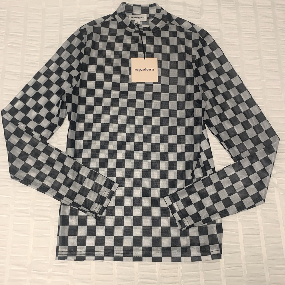 Top - black and white checked sheer top, Small